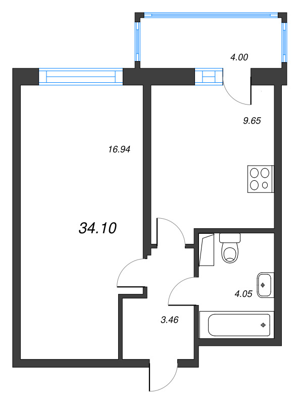 1-комнатная квартира, 34.1 м² - планировка, фото №1