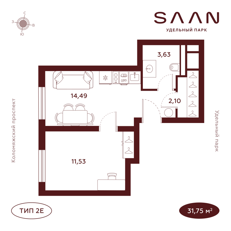 2-комнатная (Евро) квартира, 32.01 м² в ЖК "SAAN Удельный парк" - планировка, фото №1