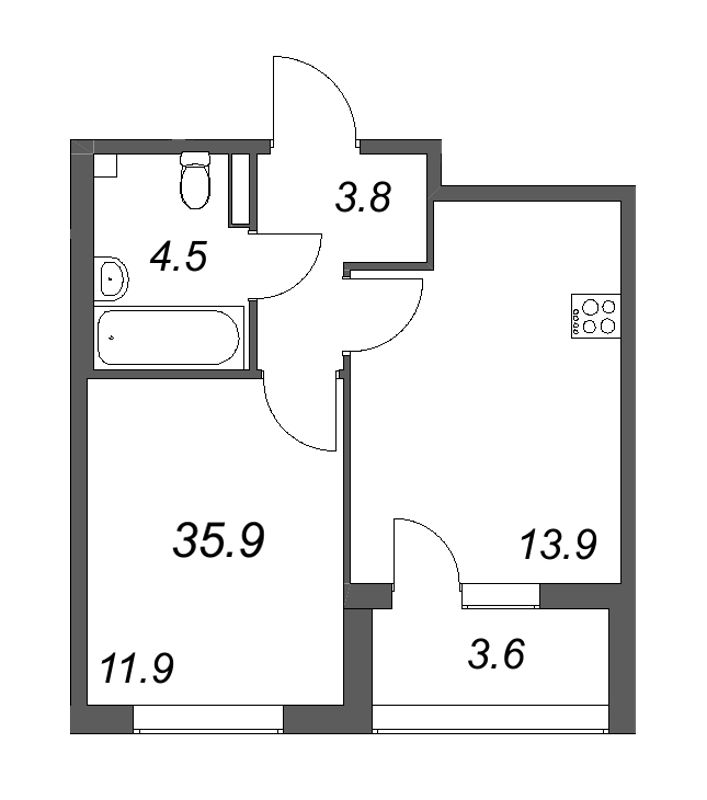 1-комнатная квартира, 35.9 м² - планировка, фото №1