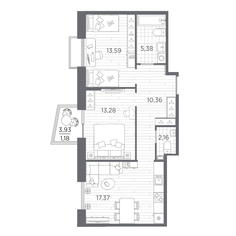 3-комнатная (Евро) квартира, 63.32 м² в ЖК "Респект" - планировка, фото №1