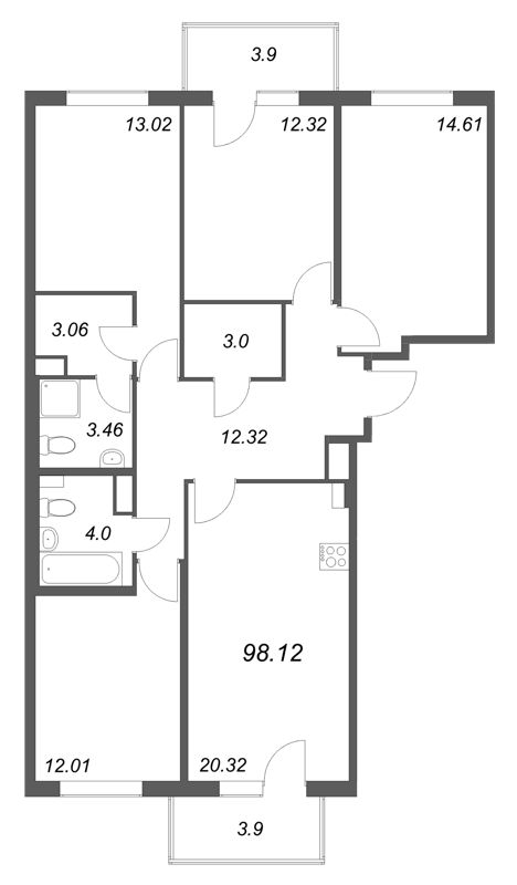 5-комнатная (Евро) квартира, 98.12 м² - планировка, фото №1