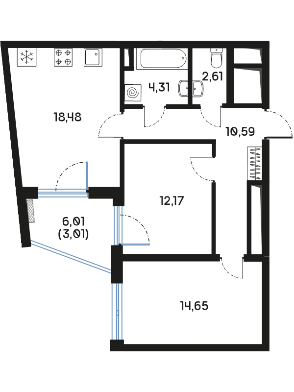 3-комнатная (Евро) квартира, 66.16 м² в ЖК "Дом Регенбоген" - планировка, фото №1