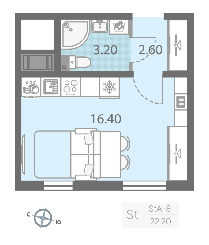 Квартира-студия, 22.2 м² - планировка, фото №1