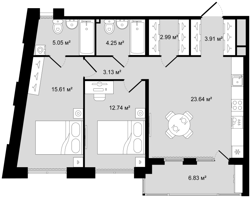 3-комнатная (Евро) квартира, 74.74 м² в ЖК "Новгородская 8" - планировка, фото №1