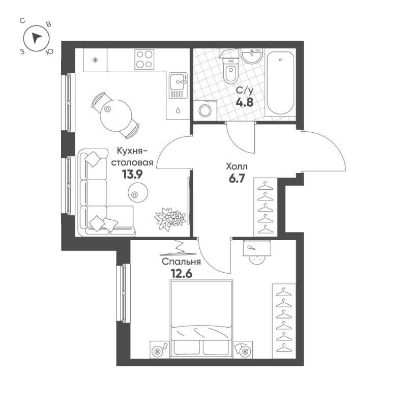 1-комнатная квартира, 38 м² - планировка, фото №1