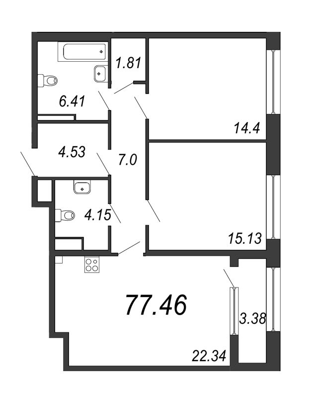 3-комнатная (Евро) квартира, 77.46 м² - планировка, фото №1