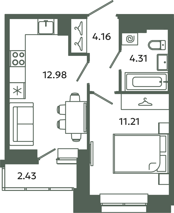 1-комнатная квартира, 33.88 м² в ЖК "Загляденье" - планировка, фото №1