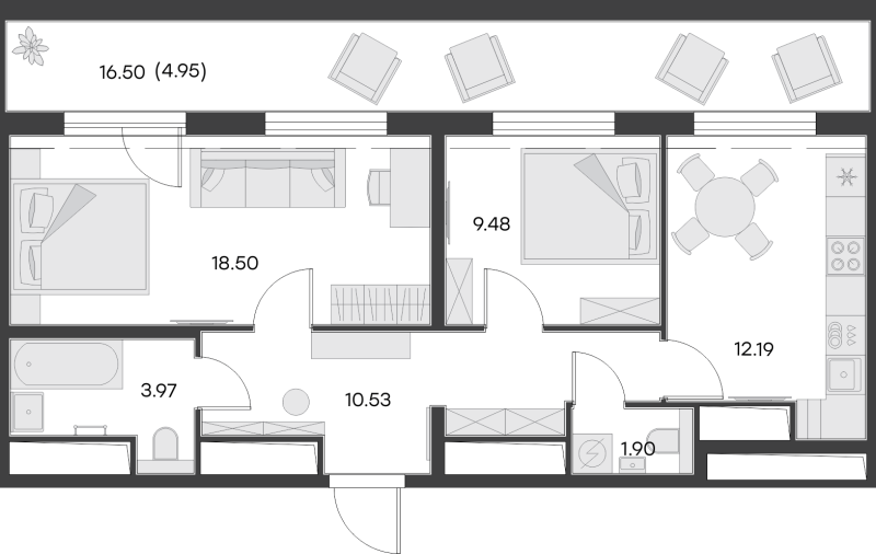 2-комнатная квартира, 62.9 м² - планировка, фото №1