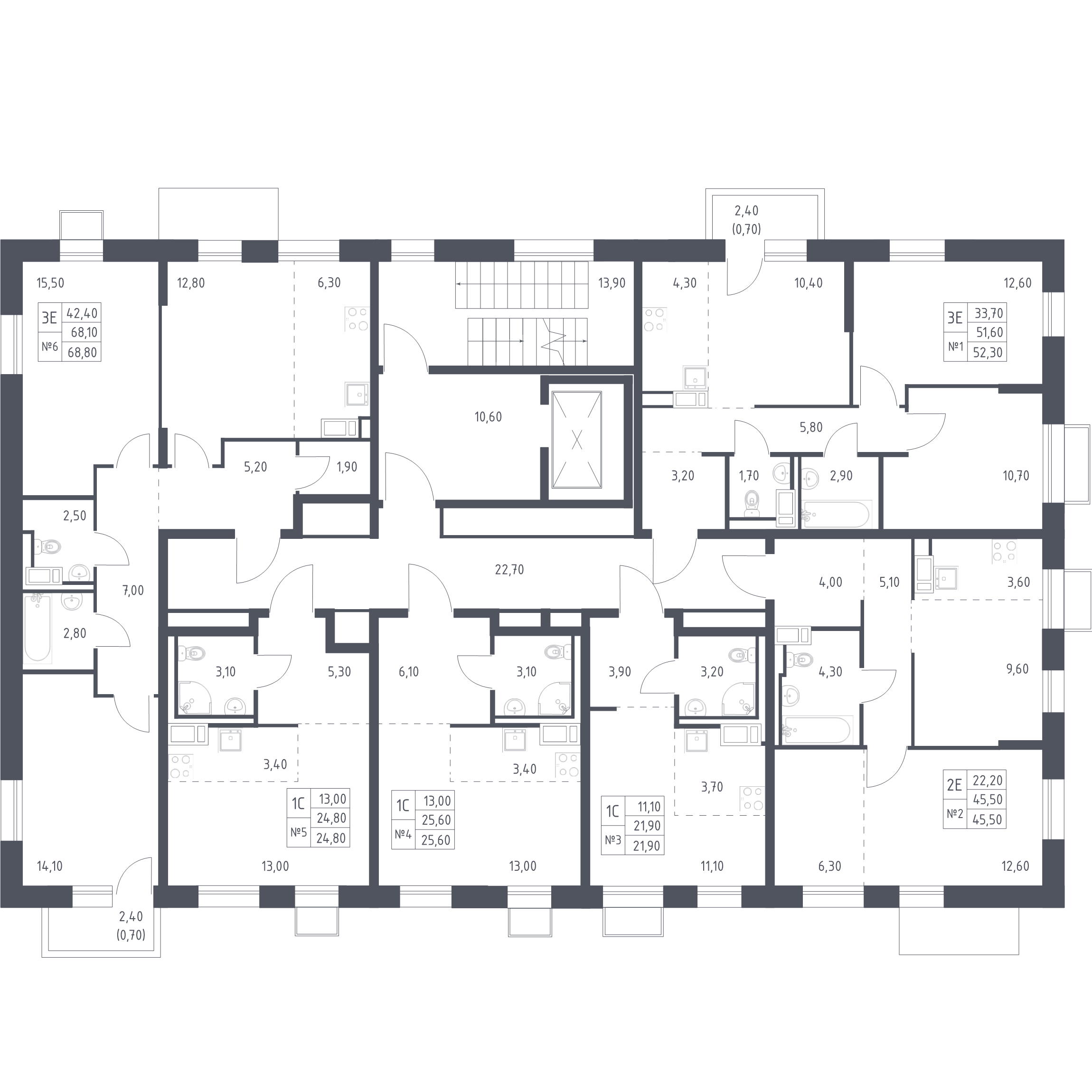 3-комнатная (Евро) квартира, 68.8 м² в ЖК "Курортный Квартал" - планировка этажа