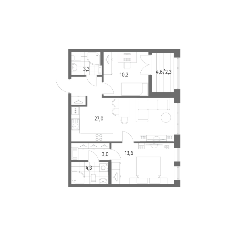 3-комнатная (Евро) квартира, 63.7 м² - планировка, фото №1
