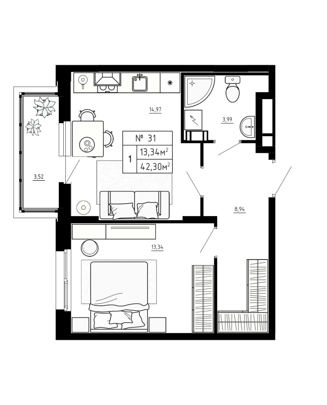 1-комнатная квартира, 42.13 м² в ЖК "Аннино Сити" - планировка, фото №1