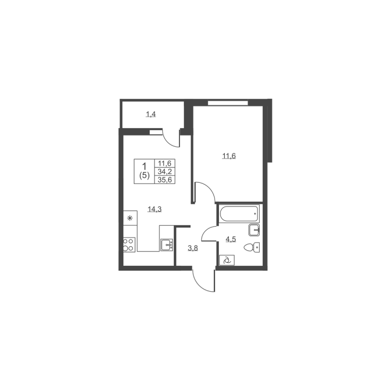1-комнатная квартира, 35.6 м² в ЖК "Ермак" - планировка, фото №1