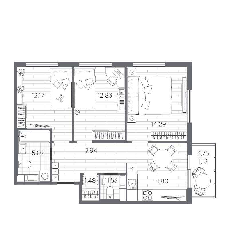 3-комнатная квартира, 67.19 м² - планировка, фото №1