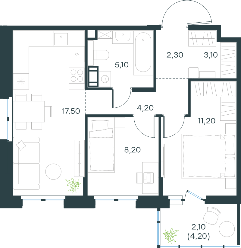3-комнатная (Евро) квартира, 53.7 м² в ЖК "Левел Мечникова" - планировка, фото №1