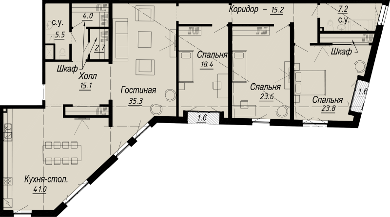 5-комнатная (Евро) квартира, 196.01 м² - планировка, фото №1