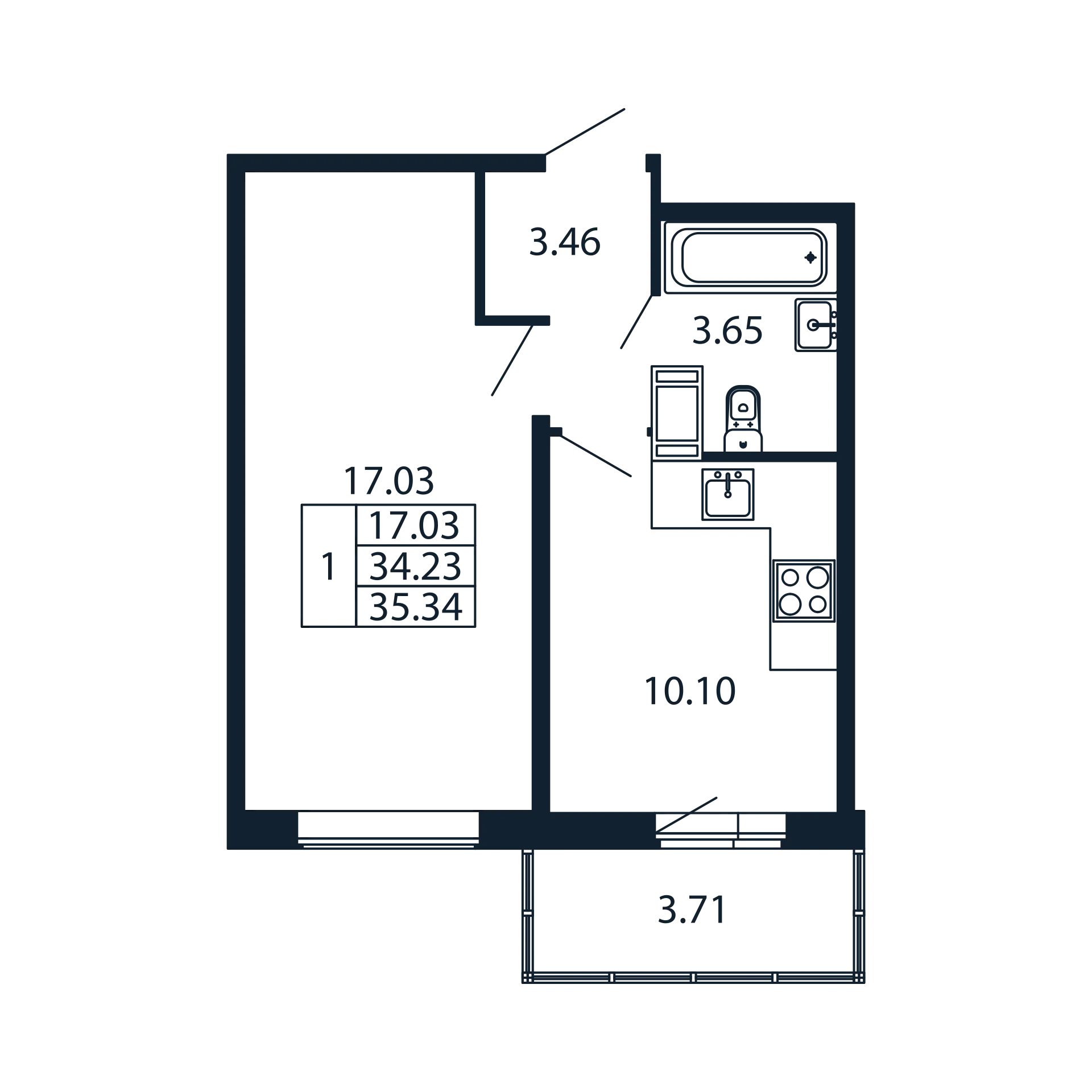 1-комнатная квартира, 34.23 м² - планировка, фото №1