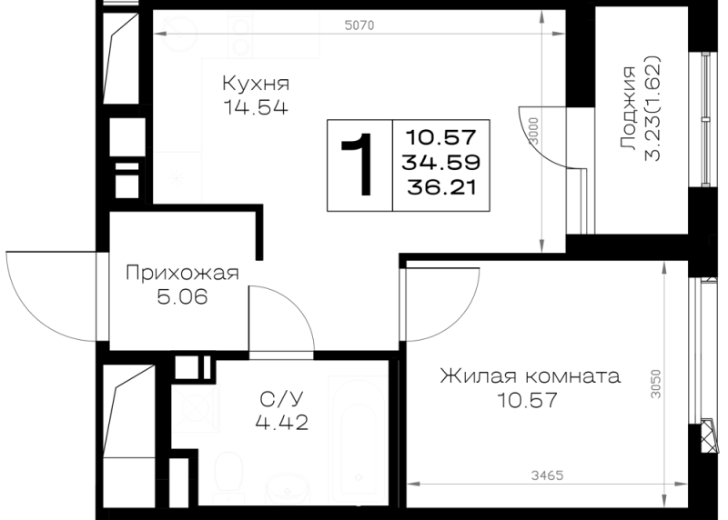 1-комнатная квартира, 36.21 м² в ЖК "Борский" - планировка, фото №1