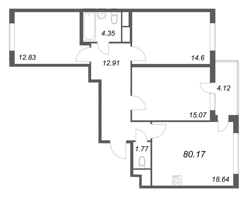 4-комнатная (Евро) квартира, 80.17 м² в ЖК "Ясно.Янино" - планировка, фото №1