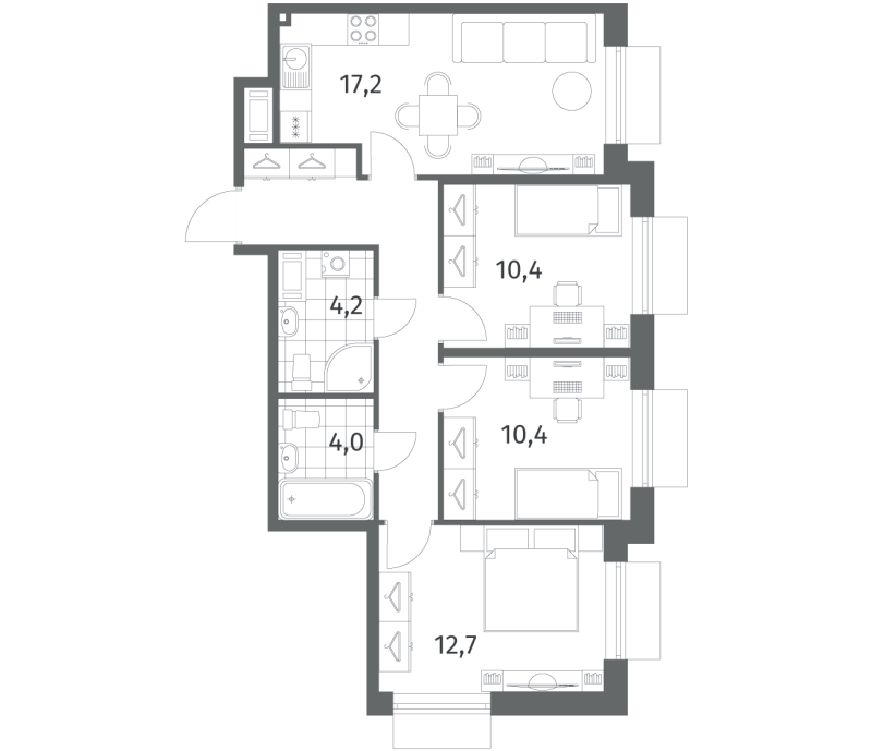 4-комнатная (Евро) квартира, 69.8 м² в ЖК "Парусная 1" - планировка, фото №1