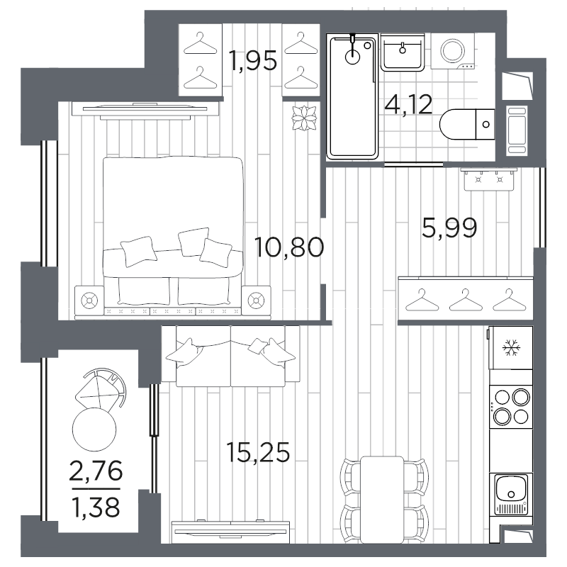 2-комнатная (Евро) квартира, 39.49 м² в ЖК "Оптимист" - планировка, фото №1