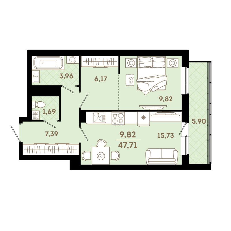 2-комнатная (Евро) квартира, 50.66 м² - планировка, фото №1