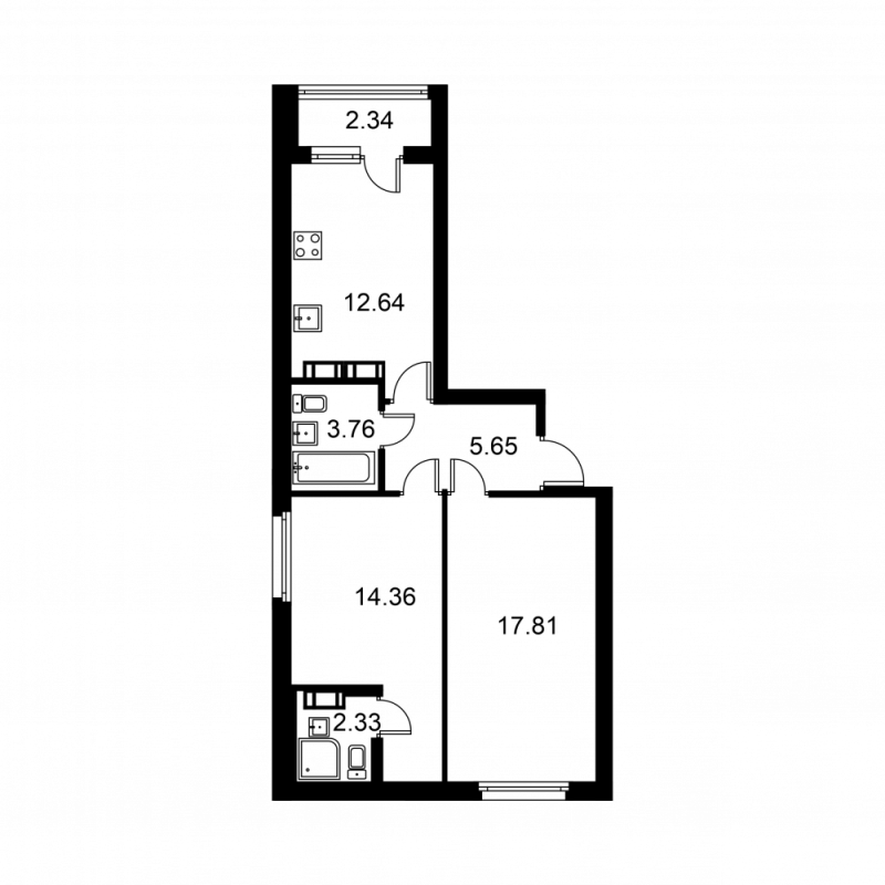 2-комнатная квартира, 57.72 м² в ЖК "Квартал Заречье" - планировка, фото №1