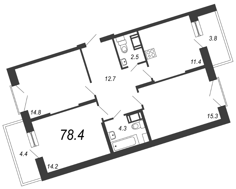 3-комнатная квартира, 78.5 м² - планировка, фото №1