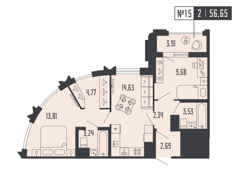 2-комнатная квартира, 56.65 м² - планировка, фото №1