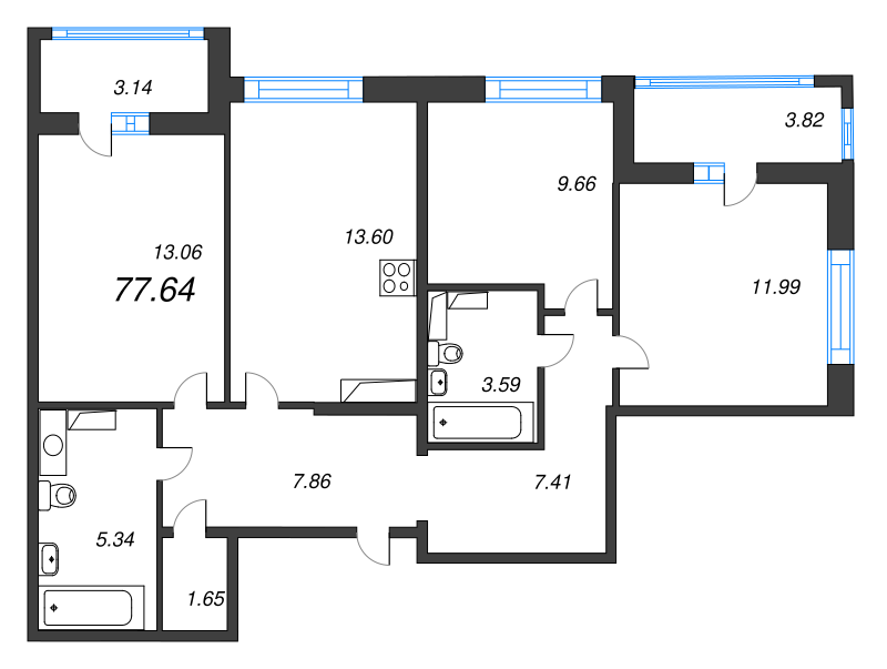 3-комнатная квартира, 77.64 м² в ЖК "Cube" - планировка, фото №1