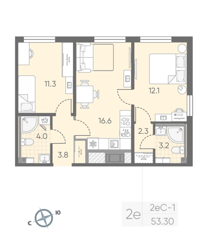 2-комнатная (Евро) квартира, 53.3 м² - планировка, фото №1