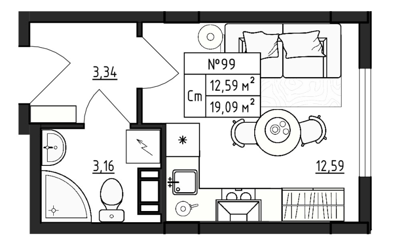 Квартира-студия, 19.09 м² в ЖК "Верево Сити" - планировка, фото №1