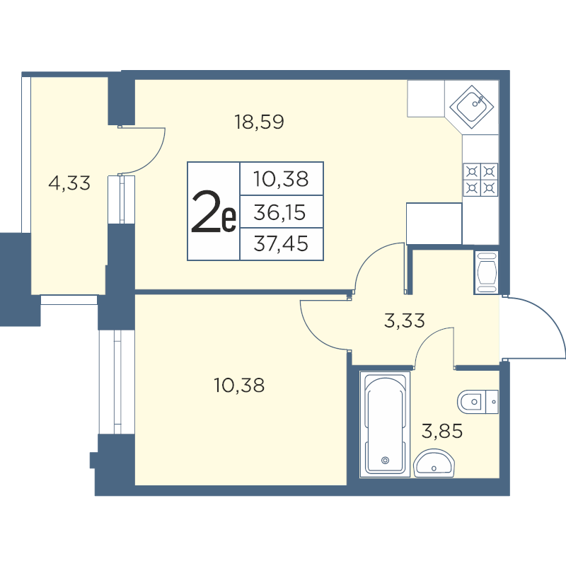 2-комнатная (Евро) квартира, 37.45 м² - планировка, фото №1