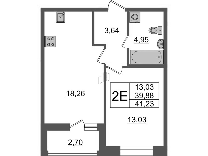 2-комнатная (Евро) квартира, 41.23 м² - планировка, фото №1