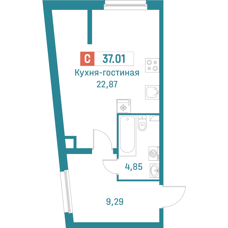 Квартира-студия, 37.01 м² в ЖК "Графика" - планировка, фото №1