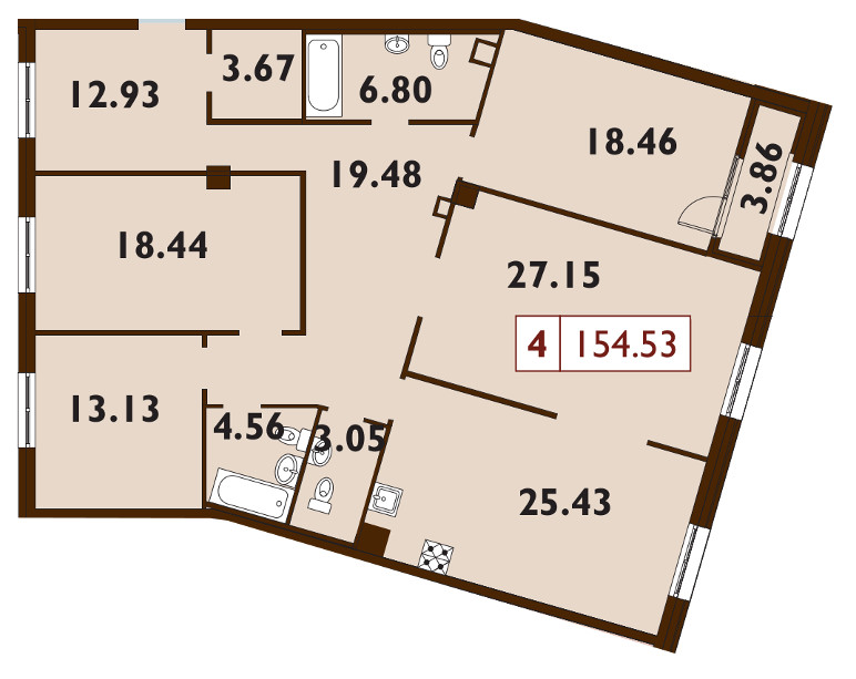 5-комнатная (Евро) квартира, 154.8 м² - планировка, фото №1