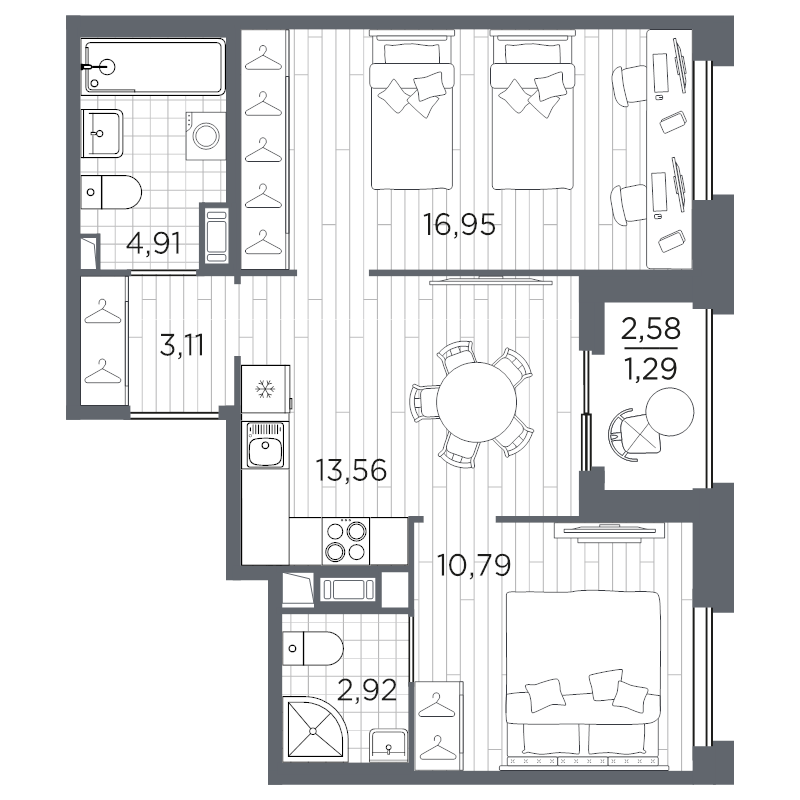 2-комнатная квартира, 53.53 м² в ЖК "Оптимист" - планировка, фото №1