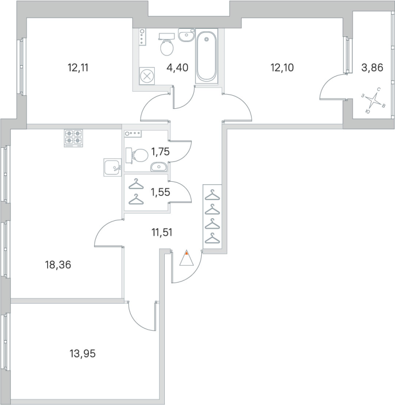 4-комнатная (Евро) квартира, 75.73 м² в ЖК "Любоград" - планировка, фото №1