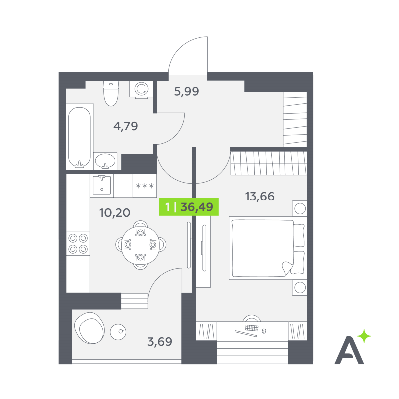 1-комнатная квартира, 36.49 м² в ЖК "Аквилон РекаПарк" - планировка, фото №1