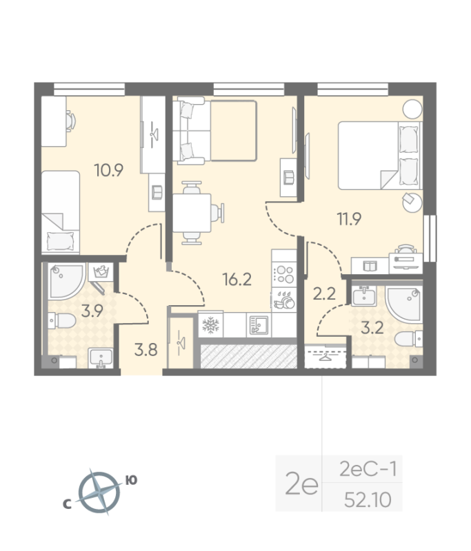 3-комнатная (Евро) квартира, 52.1 м² - планировка, фото №1