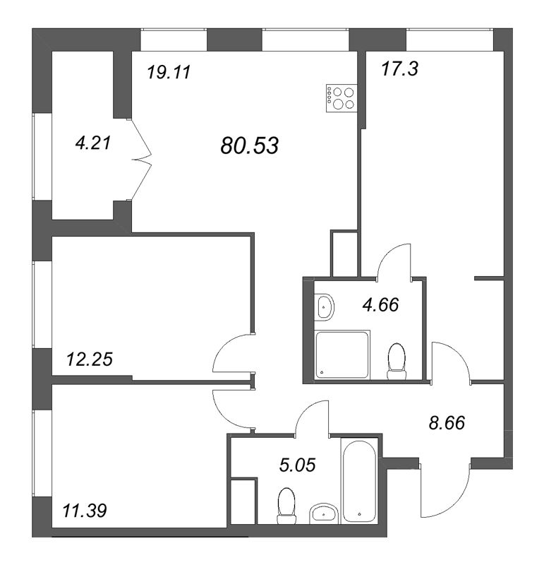 4-комнатная (Евро) квартира, 80.53 м² в ЖК "Речной квартал" - планировка, фото №1