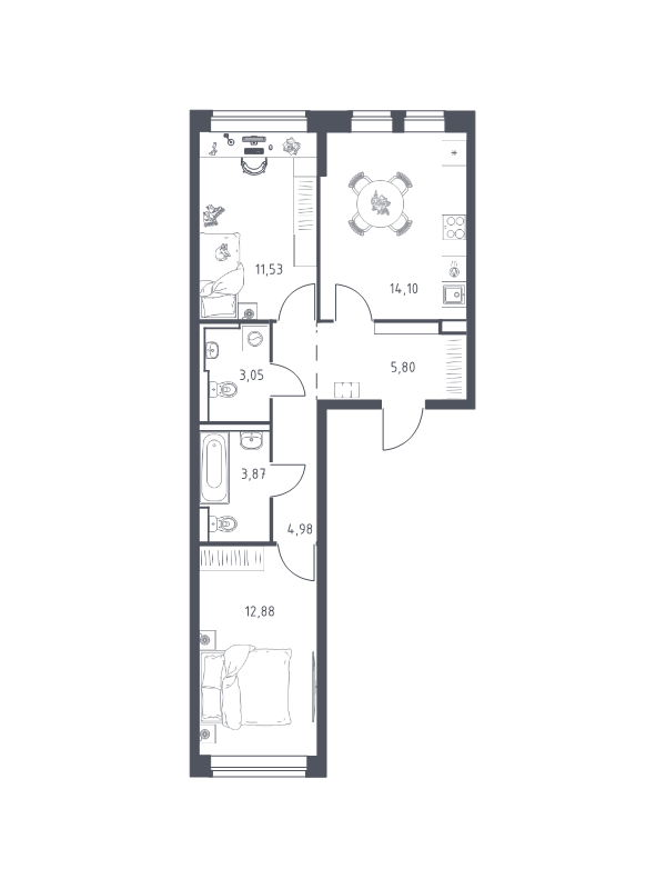 2-комнатная квартира, 56.21 м² в ЖК "Новое Колпино" - планировка, фото №1