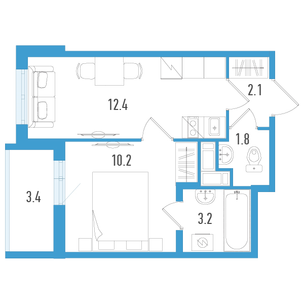 1-комнатная квартира, 31.4 м² в ЖК "Аэросити" - планировка, фото №1