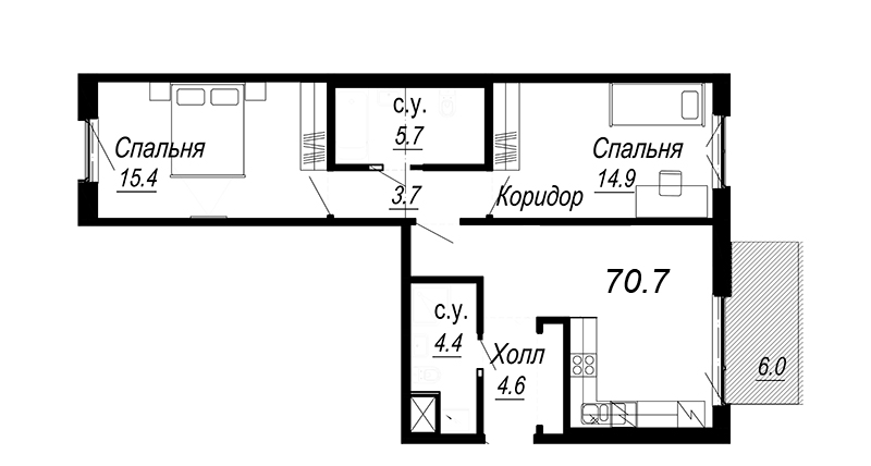 3-комнатная (Евро) квартира, 71.5 м² - планировка, фото №1