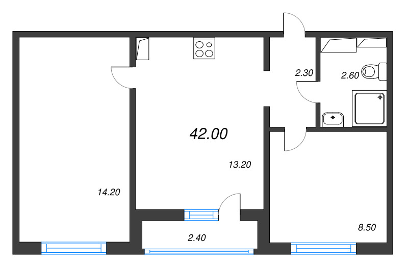 2-комнатная квартира, 42.3 м² в ЖК "Цветной город" - планировка, фото №1