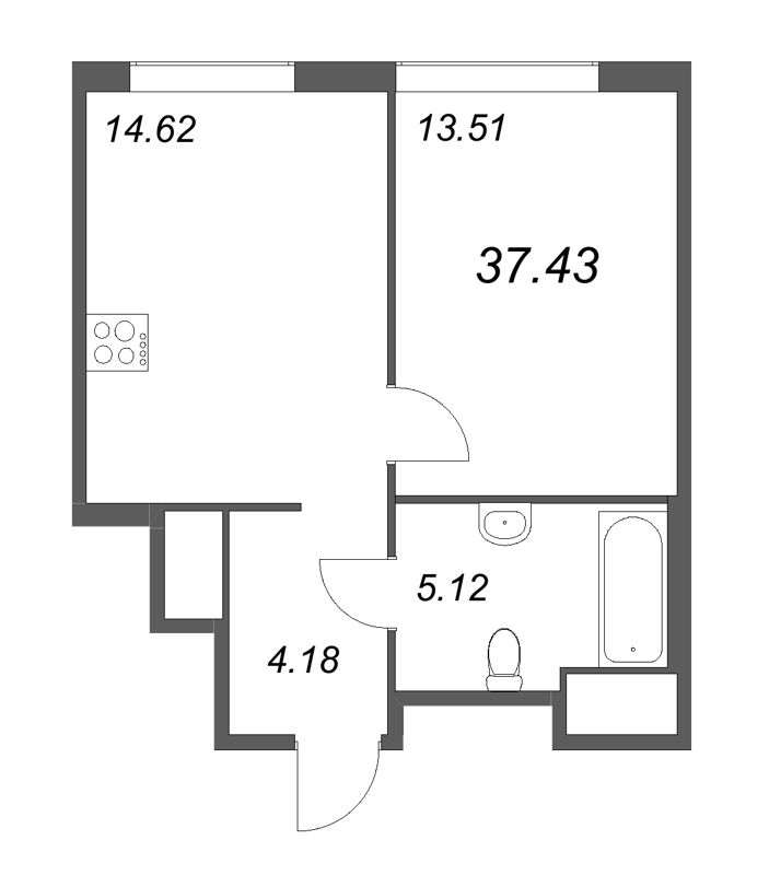 1-комнатная квартира, 37.43 м² - планировка, фото №1