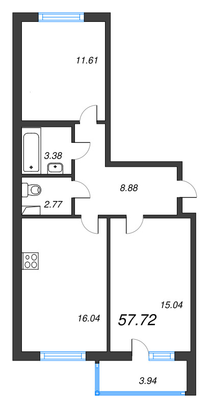 2-комнатная квартира, 57.72 м² в ЖК "Ясно.Янино" - планировка, фото №1