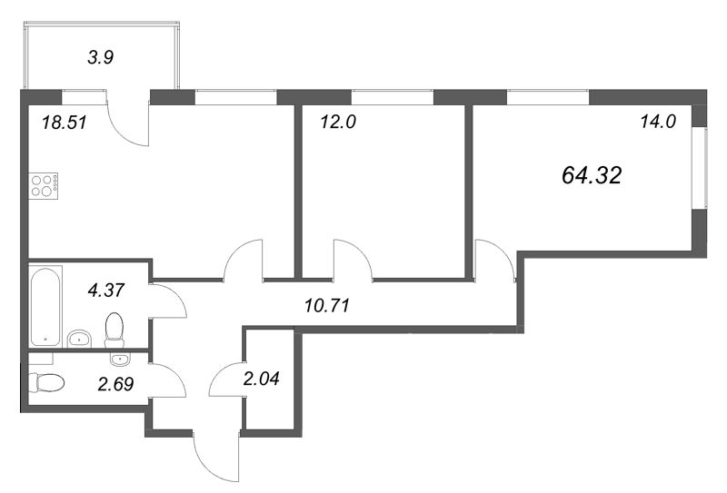 3-комнатная (Евро) квартира, 64.32 м² - планировка, фото №1