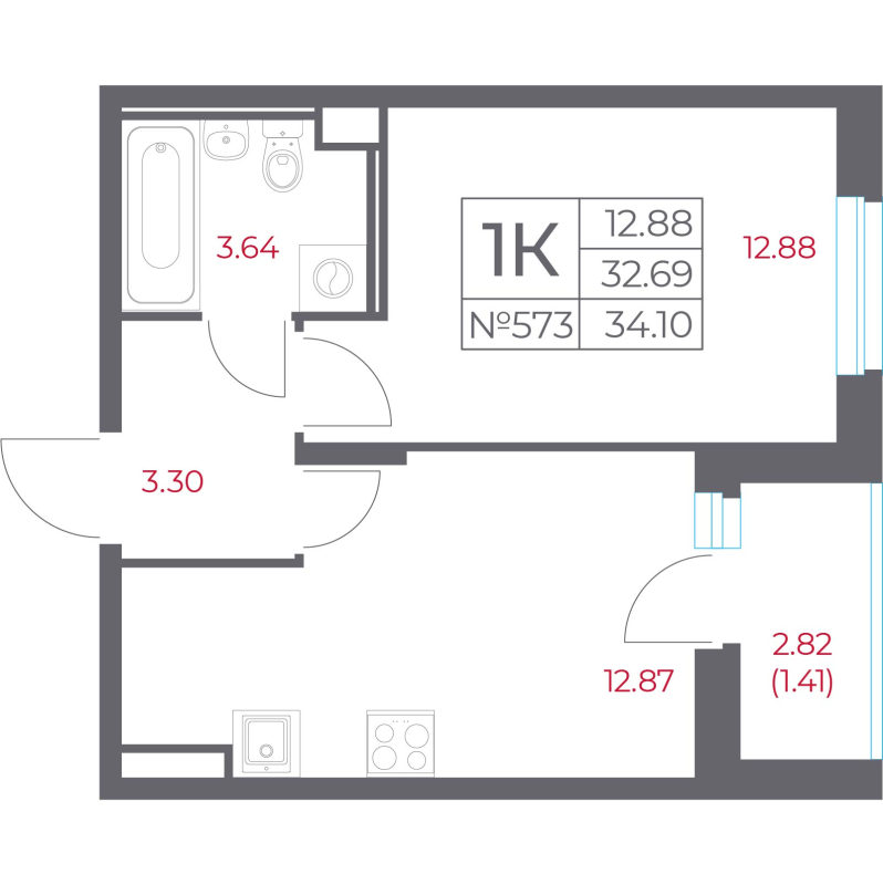 1-комнатная квартира, 34.1 м² в ЖК "Город-спутник Южный" - планировка, фото №1