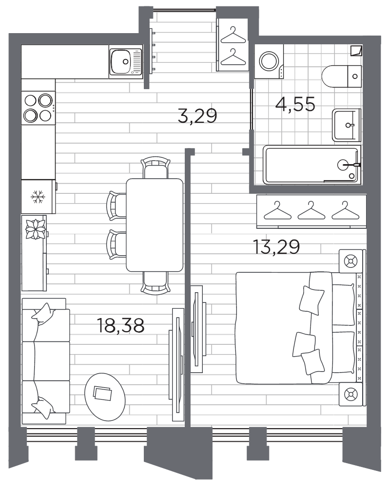 2-комнатная (Евро) квартира, 39.51 м² в ЖК "Галерная гавань" - планировка, фото №1