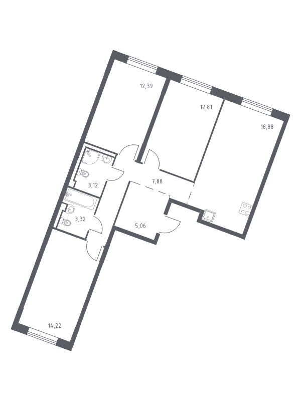 4-комнатная (Евро) квартира, 77.68 м² в ЖК "Квартал Лаголово" - планировка, фото №1
